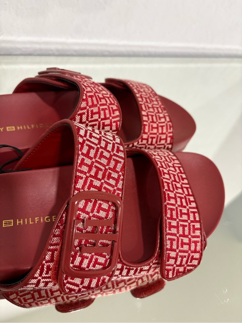 Tommy Hilfiger Red Logo Jacquard Buckle Slide Sandals